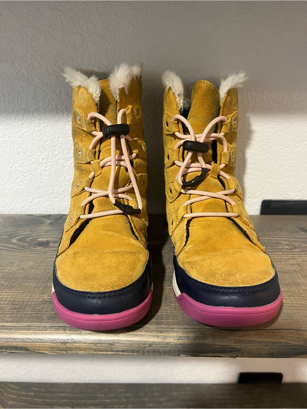 Tan Suede Winter Boots with Pink Sole